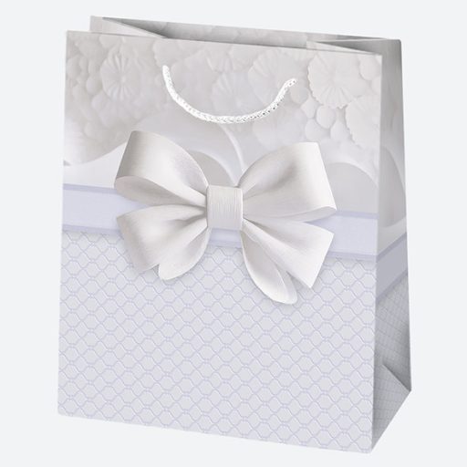 Fehér Bow papír ajándéktasak, ajándékzacskó 19x23x10,5 cm