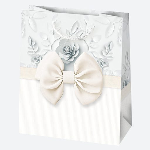 Fehér Bow papír ajándéktasak, ajándékzacskó 19x23x10,5 cm