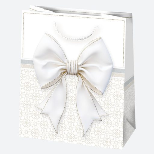 Fehér Bow papír ajándéktasak, ajándékzacskó 19x23x10,5 cm