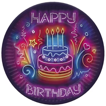 Happy Birthday Neon Cake papírtányér 8 db-os 18 cm