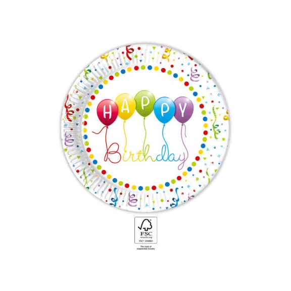 Happy Birthday Streamers papírtányér 8 db-os 23 cm FSC Happy Birthday Streamers papírtányér 8 db-os 23 cm FSC