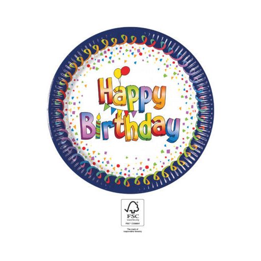 Happy Birthday Multicolor papírtányér 8 db-os 23 cm FSC