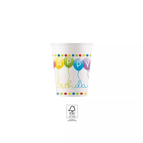 Happy Birthday Streamers papír pohár 8 db-os 200 ml FSC Happy Birthday Streamers papír pohár 8 db-os 200 ml FSC