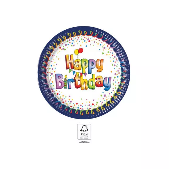 Happy Birthday Multicolor papírtányér 8 db-os 20 cm FSC