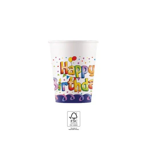 Happy Birthday Multicolor papír pohár 8 db-os 200 ml FSC