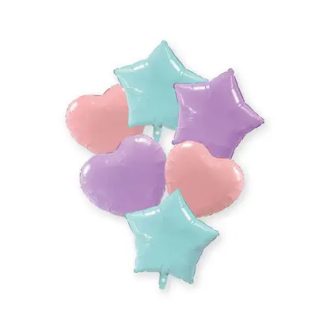   Pastel Blue Pink Lilac szív, csillag fólia lufi 6 db-os szett 46 cm