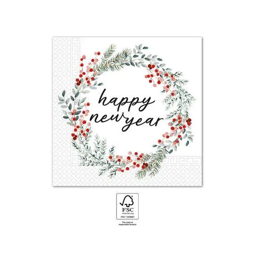 Happy New Year Wreath szalvéta 20 db-os 33x33 cm FSC