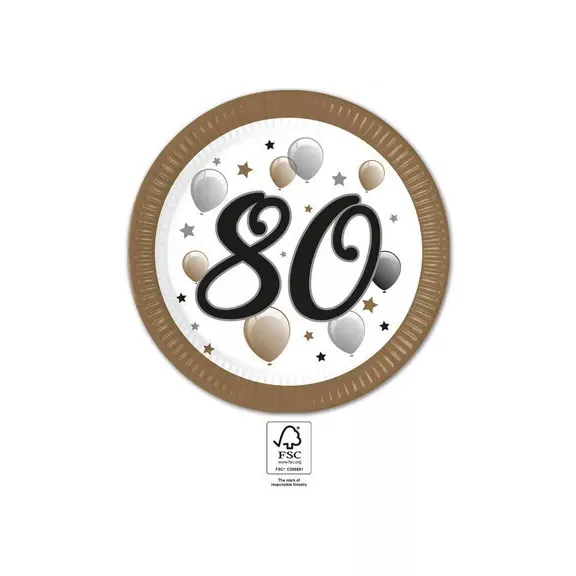 Happy Birthday 80 Milestone papírtányér 8 db-os 23 cm FSC Happy Birthday 80 Milestone papírtányér 8 db-os 23 cm FSC