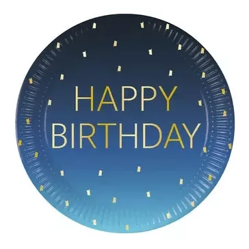 Happy Birthday Golden Blue papírtányér 8 db-os 23 cm FSC