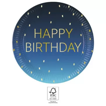 Happy Birthday Golden Blue papírtányér 8 db-os 23 cm FSC