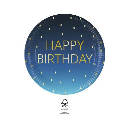 Happy Birthday Golden Blue papírtányér 8 db-os 23 cm FSC