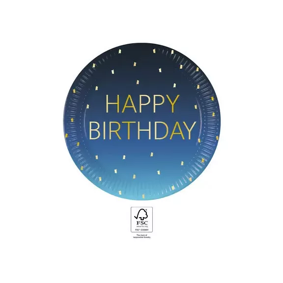 Happy Birthday Golden Blue papírtányér 8 db-os 23 cm FSC