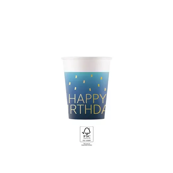 Happy Birthday Golden Blue papír pohár 8 db-os 200 ml FSC