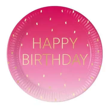 Happy Birthday Golden Pink papírtányér 8 db-os 23 cm FSC