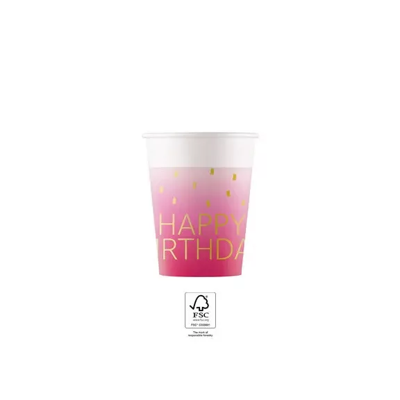 Happy Birthday Golden Pink papír pohár 8 db-os 200 ml FSC