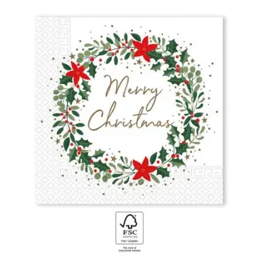 Karácsonyi Holly Wreath szalvéta 20 db-os 33x33 cm FSC