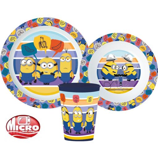 Minyonok Striped étkészlet, micro műanyag szett, pohárral 260 ml