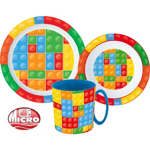 Lego mintázatú Bricks étkészlet, micro műanyag szett bögrével 350 ml
